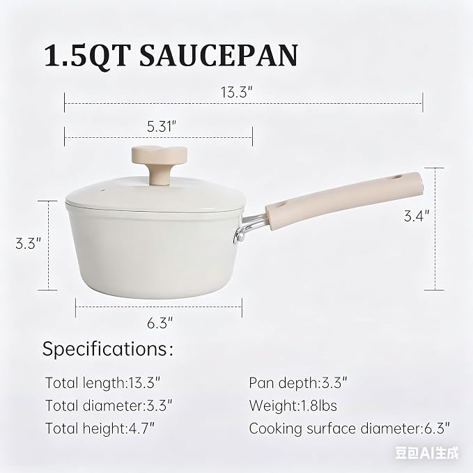 1.5QT Saucepan with Lid, Nonstick Ceramic Coating, PFAS & PFOA-Free, Induction Compatible, Dishwasher Safe, Stay-Cool Handles, Durable Scratch-Resistant Design