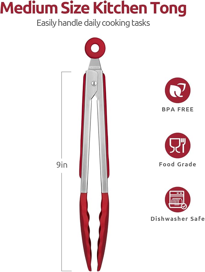 U-Taste Kitchen Tong for Cooking, 600ºF Heat-Resistant Silicone, 9in/Red | Rubber Tong for Serving Food, Salad/Grill/BBQ/Steak/Pasta Silicon Tongs, 18/8 Stainless Steel Handle & Smooth Locking