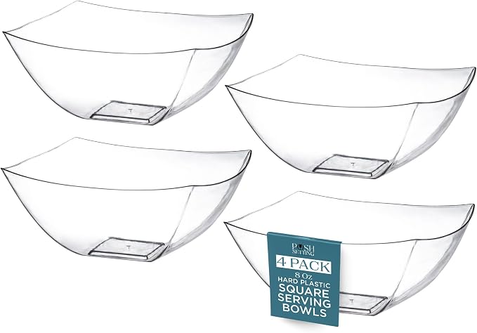 4 Pack Disposable Clear Plastic Party Bowls, Glitter Gold Serving Bowls | Square Design. Disposable Party Tableware. Salad, Fruit & Candy Use. Candy Buffet Containers. Clear Plastic.