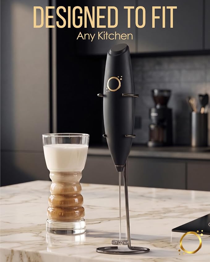 Rechargeable Milk Frother Handheld, USB-C Coffee Mixer, Matte Black | Rechargeable USB-C, quiet whisk, stainless steel stand, coffee matcha protein cold foam latte, portable coffee bar accessory