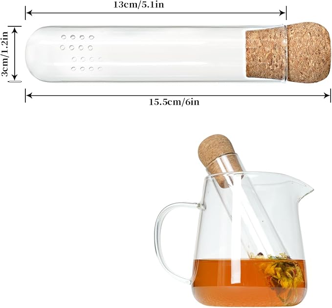 2 PCS Glass Loose Tea Infuser with Cork Lid Spoon Brush | Fine round filter holes, leaf-proof, reusable glass infuser, cork lid, tea spoon, cleaning brush, easy clean