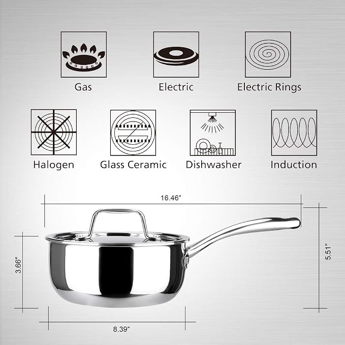 Duxtop Tri-Ply Stainless Steel Saucepan with Lid, 3 Qt Induction Pot | Whole Clad Saucier Pan, Dishwasher and Oven Safe, Stay-Cool Handle