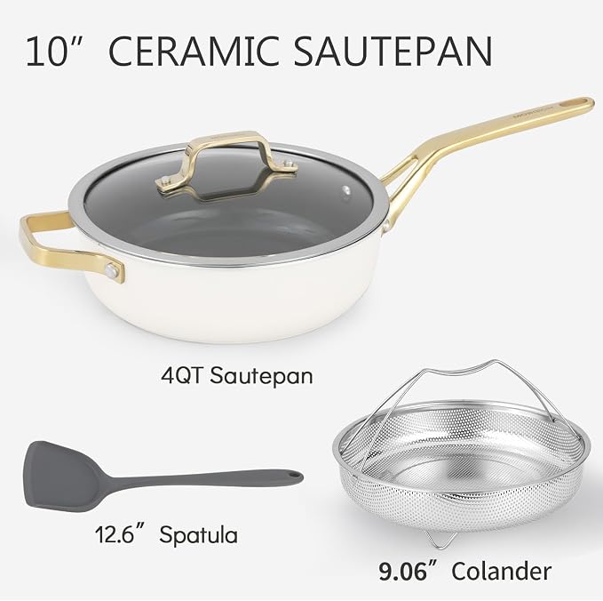 10-in-1 White Ceramic Nonstick Deep Saute Pan Set With Steamer & Lid, 4QT | 10''.PFAS-free frying pan.non-toxic.Induction ready. Oven safe to 480°F. Cool-touch handle. Dishwasher safe. Perfect for RVs!