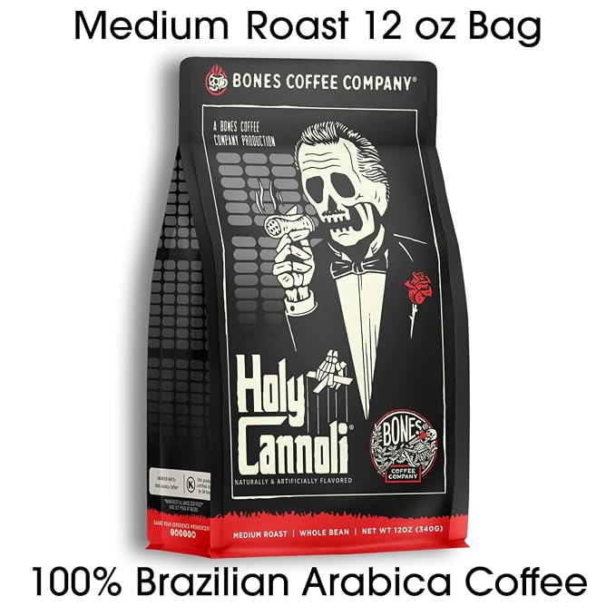 Bones Coffee Company Holy Cannoli, Baked Cannoli Flavored Coffee, Medium Roast Low Acid Arabica Beans Compatible with Auto drip and French Press Coffee Maker, 12 Oz Ground