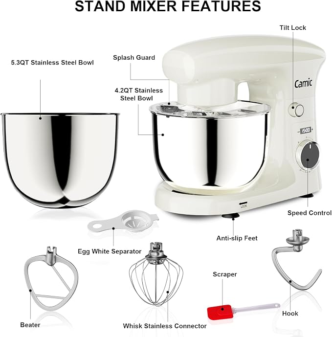 Camic Stand Mixer, 4.2QT+5.3QT Two bowls Electric Food Mixer, 10 Speeds with Digital setting 3-IN-1 Kitchen Mixer for Baking Cakes Cookie Bread Salad with Egg Whisk,Dough Hook,Flat Beater