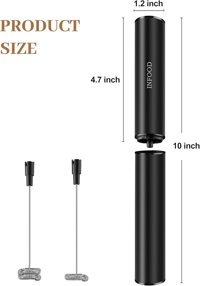 INFOOD Rechargeable Milk Frother with Cover, 2-Speed, 2 Whisks, Black | Stainless Steel Body and Whisks, 2 Detachable Heads, for Lattes, Cappuccinos, Hot Chocolate, and Egg