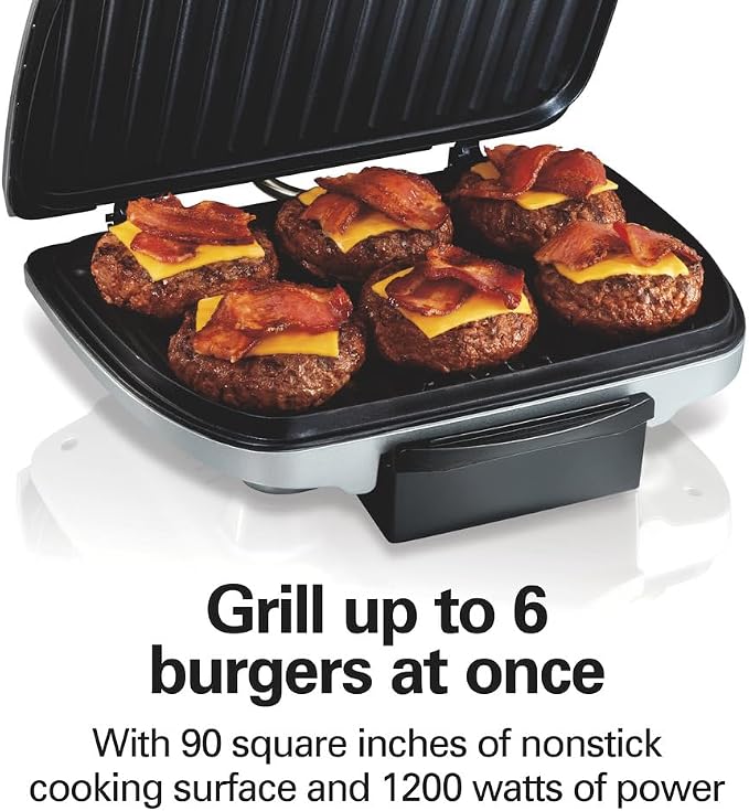 Hamilton Beach Electric Indoor Grill, 6-Serving, Large 90 sq. in. Nonstick Easy Clean Plates, Floating Hinge for Thicker Foods, 1200 Watts, 6.38"D x 12.68"W x 13.78"H, Silver (25371), (Pack of 2)
