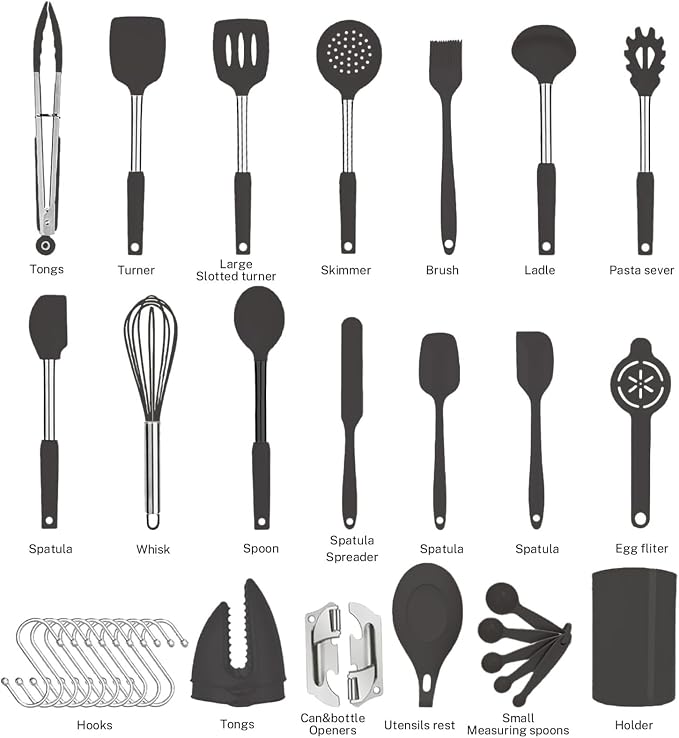 Silicone Kitchen Cooking Utensils Set with Stainless Steel Handle, Spatula Set Utensil Set, Cooking Utensil Set,Kitchen Tools Gadgets for Nonstick Cookware (35, Black)