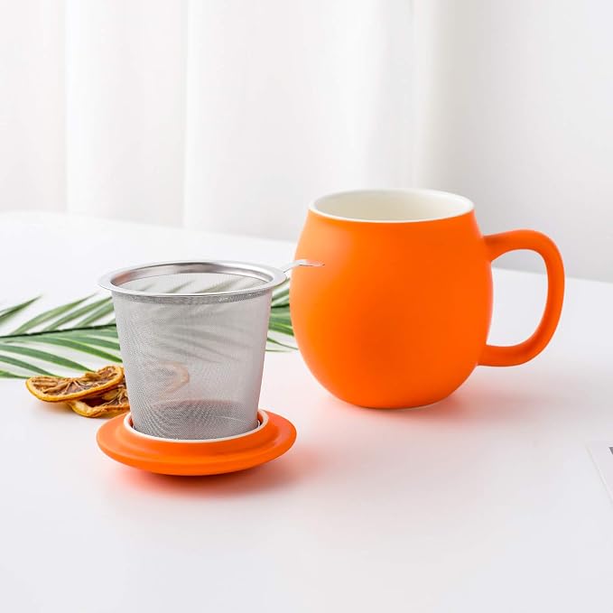Yundu 12 OZ Matte Orange Ceramics Teacup with Infuser and Lid, Mug with Lid for Steeping - Stainless Steel Infuser for Loose Leaf Tea, Home Office Gift for Tea Lovers