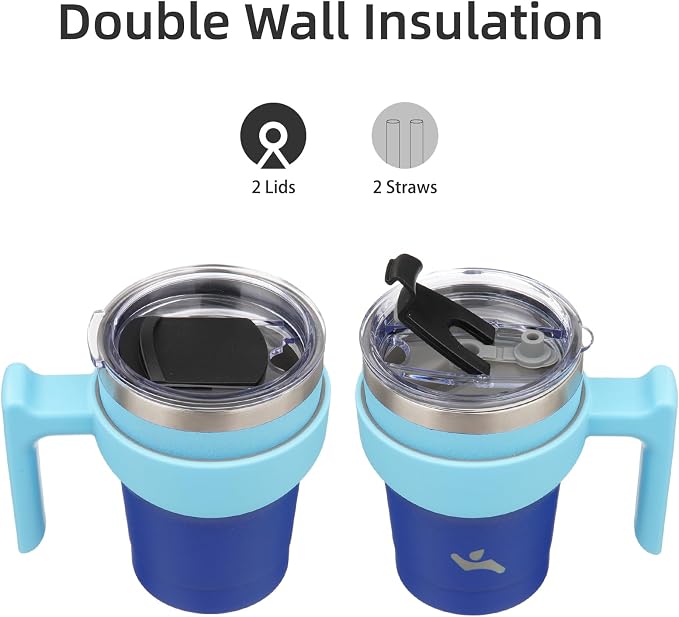 Konokyo 10 oz Tumbler with Handle and Straw, Insulated Travel Mug | Sky; BPA-free, leak-proof tumbler with 2 lids, 2 straws, cup holder fit for coffee, office, travel & daily use