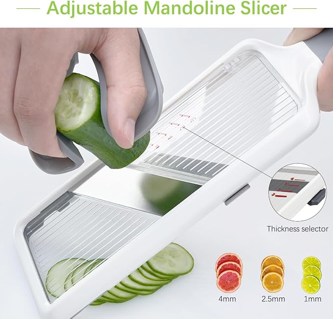 Multi Handheld Mandoline Slicer - Adjustable Stainless Steel Blade | Hand Guard & Peeler Included, 1-4 mm Adjustable,Non-Slip Grip, Easy Rinse Clean, Space Saving, For Salad Stir-Fry Meal Prep