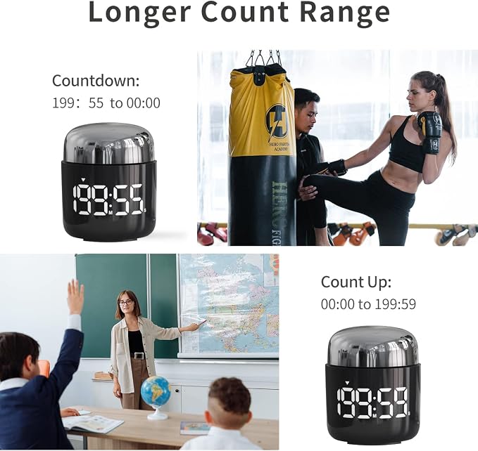 Kitchen Timer, 360 Rotate, Countup/Countdown, LED, Volume | Memory Function Back to School (Silver)