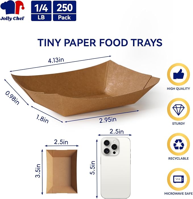 1/4lb Paper Food Tray 250 Pack Disposable Food Serving Boats | Small Paper Food Holder Boats for Gameday Party Snacks Nachos Hot Dogs Taco French Fries BBQ Party