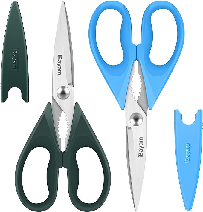 iBayam 2-Pack 8.5" Kitchen Shears, Heavy Duty, Cut Meat, Poultry, Herbs | Sharp Stainless Steel, Comfort-Grip Handles, Cuts Meat, Poultry, Herbs — 2-Pack, Dishwasher Safe, Built-In Bottle Opener