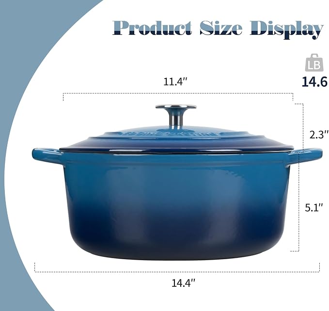 EDGING CASTING Enameled Cast Iron Dutch Oven Pot with Lid, 7 Quart, Round Dutch Ovens for Bread Baking, Bread Oven, Oven Safe up to 500°F, Lake Blue