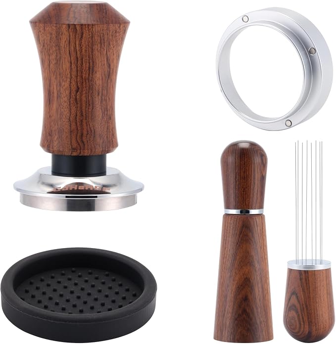 53.5mm Espresso Accessories Kit with Tamper, WDT Tool and Funnel | Rosewood spring-loaded espresso tamper and WDT tool espresso, 8 needles, aluminum dosing funnel, mat for 54mm Portafilter