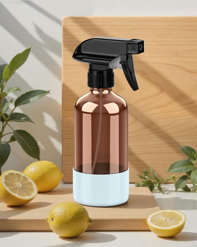 Bontip Amber Glass Spray Bottle, 8 oz with Blue Silicone Sleeve, 1 Pack | Refillable amber glass bottle, With protective silicone sleeve, BPA-free, UV shielding, Great for cleaning solutions,plants