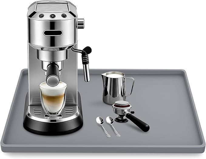Silicone Coffee Maker Mat with Lip for Countertops, 15.7'' x 11.8'', Grey | Multi leak-proof coffee tray for countertop, non-slip silicone mat fits most coffee makers & espresso machines, wipe-clean