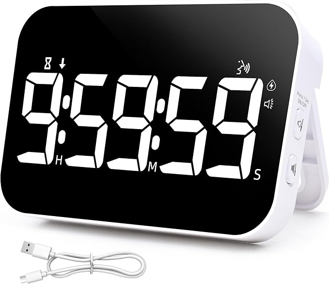 Kitchen Timer for Cooking, Rechargeable Digital Magnetic Timer with Large LED Display, Loud Alarm, Sound Countdown, 4 Volume Levels and 3 Brightness for Classroom, Study (White)
