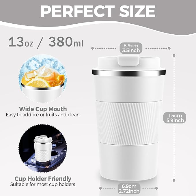 Volhoply 13 oz Stainless Steel Insulated Travel Coffee Mug with Fip Lid Bulk 2 Pack,Reusable Double Wall Vacuum Metal Coffee Cup,Portable Leak Proof Thermal Tumbler for Hot & Cold Drinks(White,2)