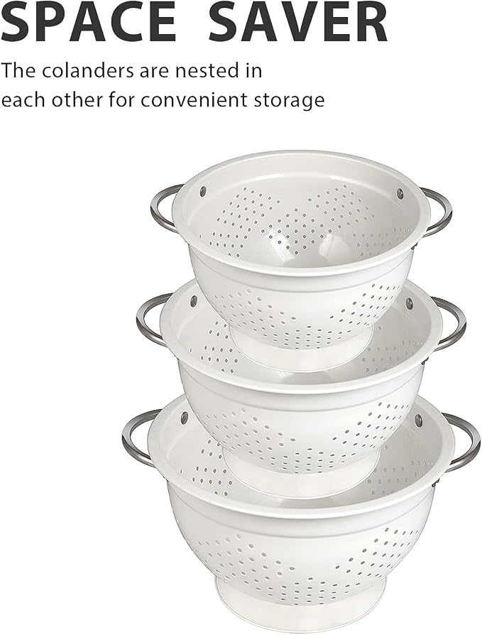 Colander Set for Kitchen, 1.5, 3, 5 Qt Food Strainers and Colanders | Stainless Steel Handle,Strainers and Colanders For Pasta, Vegetables, and Fruits, Coated Metal, Kitchen Essential