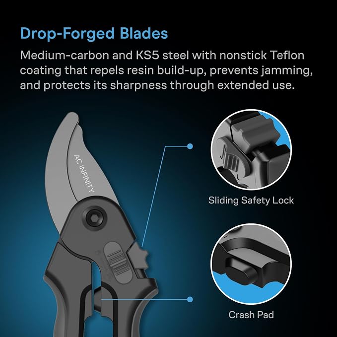 AC Infinity 20cm Professional Bypass Pruning Shear, Medium-Carbon KS5 | Medium-Carbon KS5 Steel Blades with Nonstick Teflon Coating, Tree Trimmer Secateurs for Gardening, Hydroponics, Grow Tents