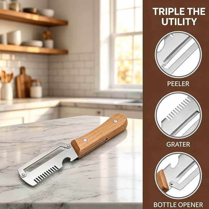 2Pcs Multifunctional Vegetable Peelers, 3-in-1 Kitchen Peeler with Wooden Handle, Stainless Steel Blade, Scallion Shredder and Built-in Bottle Opener, Fruit & Vegetable Peeling Tool