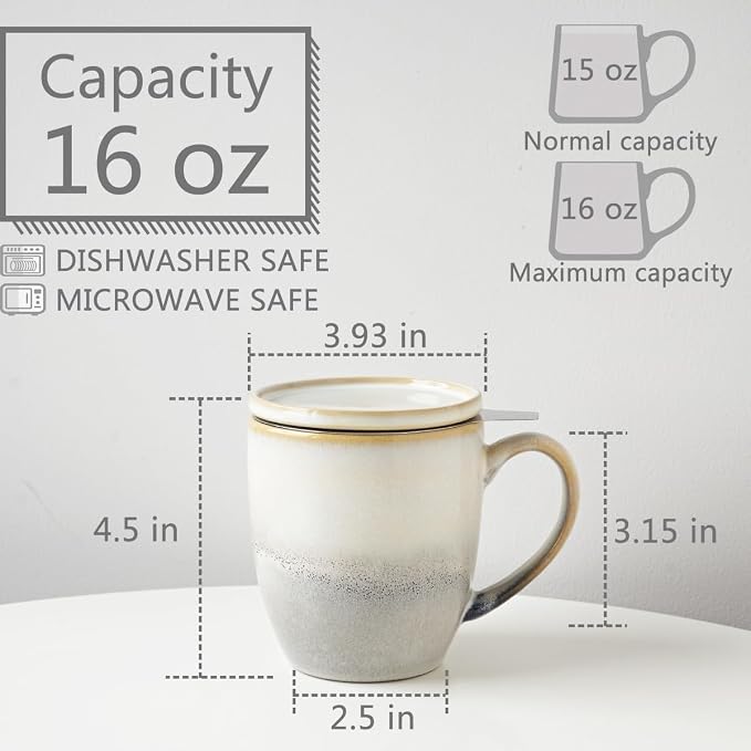 Bosmarlin Ceramic Tea Cup with Infuser and Lid, 16 Oz, 3 Colors to Choose, Dishwasher and Microwave Safe, Reactive Glaze, Steeping Tea Mug with Strainer (16 Oz, Grey White)