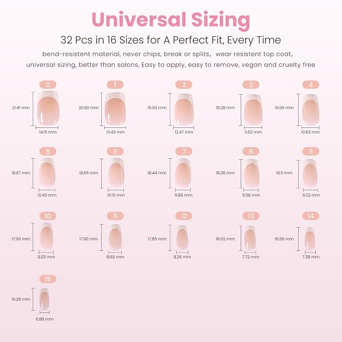 Nail Reformation Press On Nails, High Society Pink Short Coffin Fake Nails | Shimmer White French Tip, Glossy Reusable Stick On Nails Kit - 32 Pcs in 16 Sizes with Glue, Manicure Gifts for Women