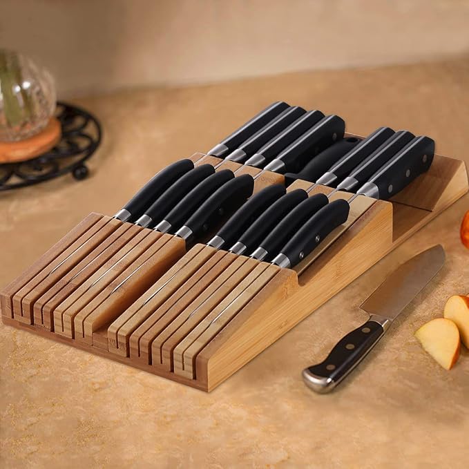 NIUXX Bamboo In-Drawer Knife Block Set for 16 Knives(Not Included), Large Kitchen Detachable Washable Cutlery Slot Organizer Storage Holder for Sharpening Steel and Cutter | Large Kitchen Detachable Washable Cutlery Slot Organizer Storage Holder for Sh...