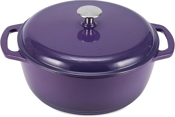 Amazon Basics Enameled Cast Iron Dutch Oven Pot with Lid, Round, Dual Handles, Heavy-Duty, Oven Safe for Stews, Roasting, Baking, 6-Quart, Purple