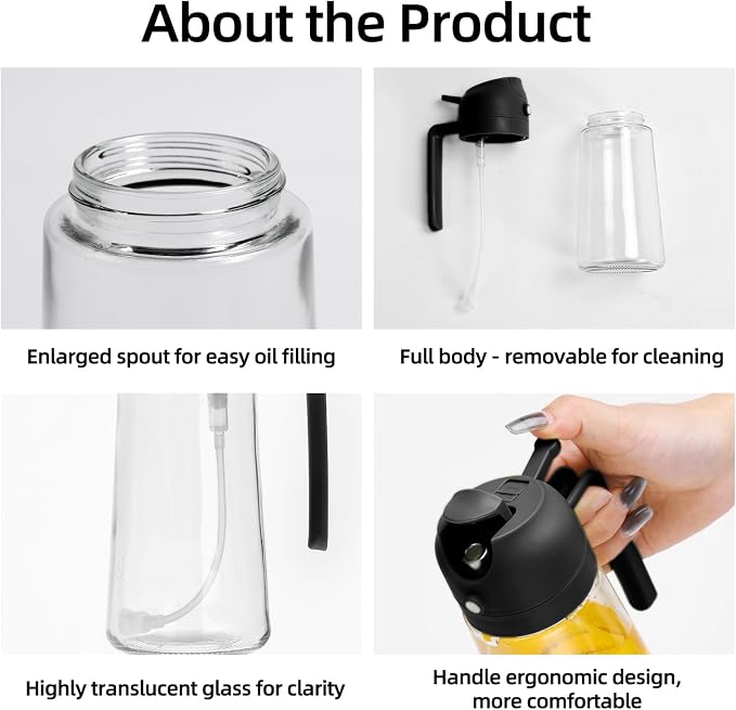 Aovdy 16oz/470ml Glass Olive Oil Sprayer for Cooking - 2 in 1 Olive Oil Dispenser Bottle Spray and Pour for Kitchen Gadgets Cooking Air Fryer Salad BBQ (Black)