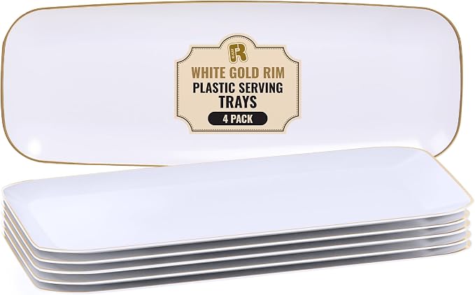 R-kay 4 Pack Plastic Serving Trays - White & Gold - 17 x 6.5 in - Heavy Duty Dessert Trays - Rectangular Party Platters