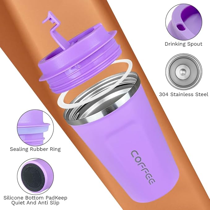 SPLMIFA Travel coffee mugs leak-proof, reusable coffee cup with lid, stainless steel vacuum insulated coffee tumblers, thermal insulation cups for men & women keep drinks hot & cold (2nd-Purple, 17OZ)