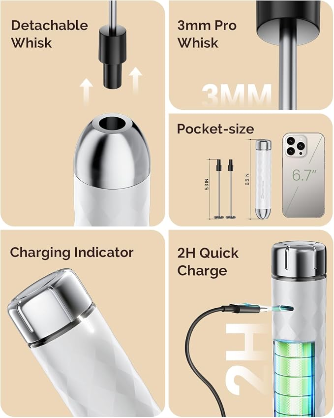 Maestri House LunaFro 2.0 Rechargeable Milk Frother, Stepless Speed Control | 1200mAh lithium battery Frother Handheld, IPX4, Stand & 2 Detachable Whisk for Lattes, Cappuccino, Matcha & Protein powder