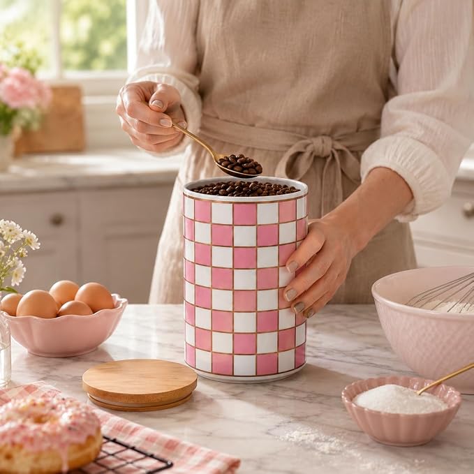 Kitchen Countertop Ceramic Checkered Canisters,Black And White Food Storage Containers With Lid,Airtight Kitchen Canisters for Flour, Sugar, Coffee, Tea, and Dry Goods (Pink, XL)