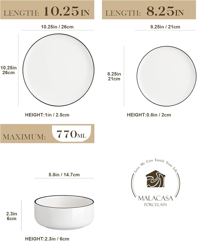 MALACASA 18 Pcs Porcelain Plates and Bowls Sets,Dinnerware Set for 6,White | Modern Ceramic Dishware Set,Kitchen Dining Ware,Microwave and Dishwasher Safe,Simple White with Black Trim Design,Series LUNA