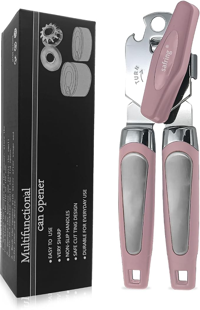 Safring Can Opener Manual, Handheld Strong Heavy Duty Stainless Steel Can Opener, Comfortable Handle, Sharp Blade Smooth Edge, Can Openers with Multifunctional Bottle Opener, Pink