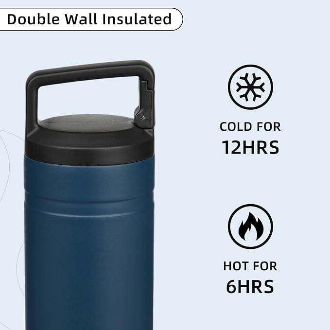 BJPKPK 20 oz Insulated Travel Water Bottle, Coffee Tumbler Stainless Steel | Double Wall Vacuum, Leakproof, Thermal, Keeps Hot/Cold, Dishwasher Safe, Spill Proof, Wide Mouth, 2 Lids, Navy Blue