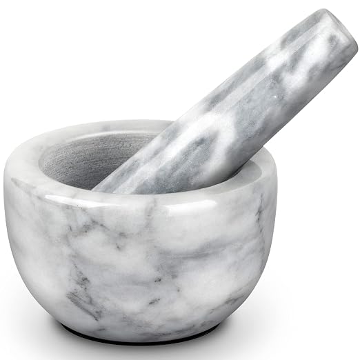 Tera Mortar and Pestle Set Marble Small Bowl Solid Stone Grinder Spice Herb Grinder Pill Crusher White, Diameter 3.93"