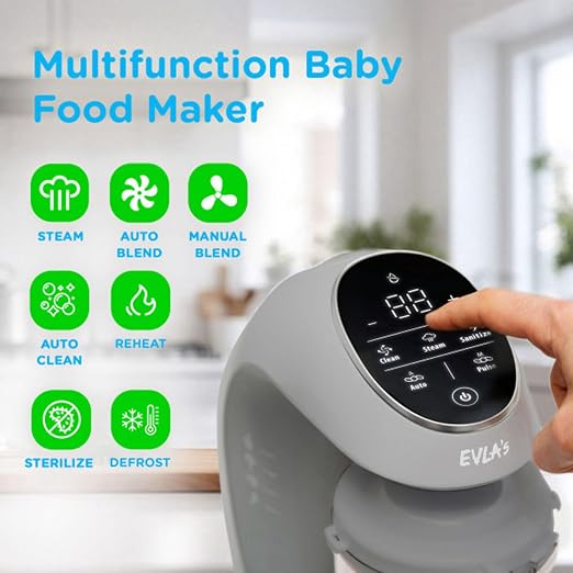 EVLA'S Baby Food Maker, Steamer, Blender, Baby Food Processor for Healthy Homemade Baby Food in Minutes, Touch Screen with 6 Reusable Food Pouches, Baby Registry Essential, Grey | Blend, Grind, Steam, and Cook Homemade Baby Food, Self Cleaning Machine ...