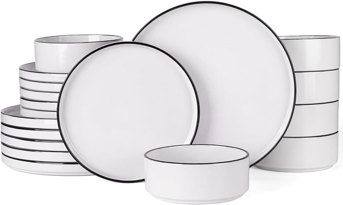 Famiware Nebula 18-Piece Dinnerware Set, White with Black Rim | Stoneware Dish Set for 6, Plates and Bowls, Microwave and Dishwasher Safe, Chip and Scratch Resistant