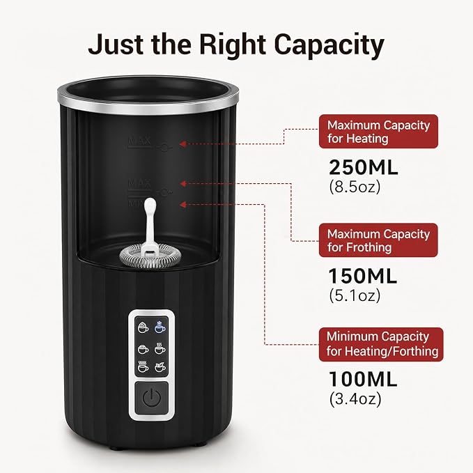 HOTSPIRE Milk Frother and Steamer, 6-in-1 Electric Milk Frother, Automatic Hot & Cold Foam Maker, Stainless Steel Nonstick Interior, 8.5oz, for Latte, Cappuccino
