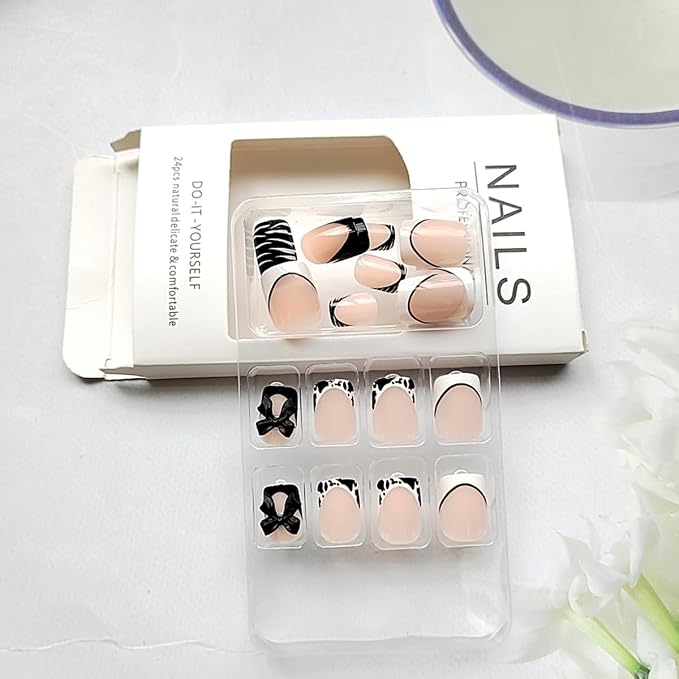 24Pcs Black White French Tip Press on Nails Short Square Fake Nails Press ons Nail Art Tips with 3D Bow Cow Print Stripes Design Acrylic Glue on Nails Full Cover Nude False Nails for Women Manicure