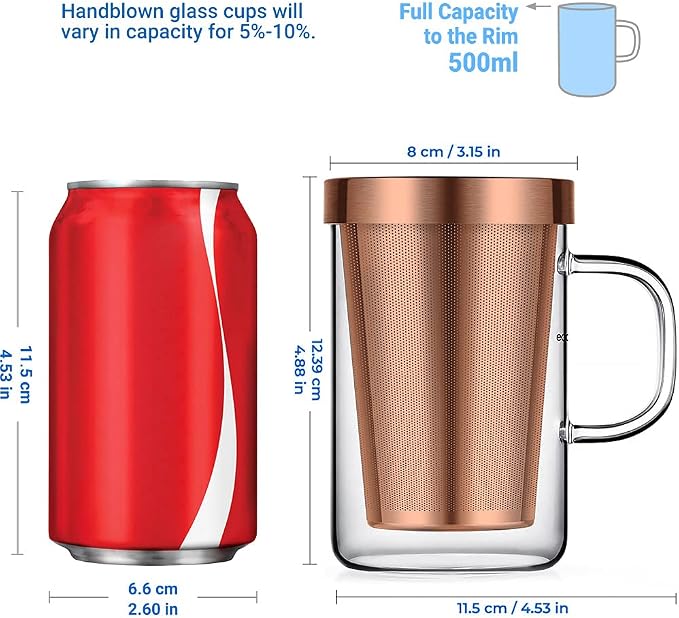 ecooe Tea Infuser Mug 16.9oz Glass Tea Cup with Removable Stainless Steel Infuser and Lid, Clear Glass Tea Cup 500ml Teacup for Loose Leaf Tea, Birthday for Parents Dad Mum Friends (Bronze) | 500ml, Clear Glass Tea Cup, with Stainless Steel Infuser/Lid...