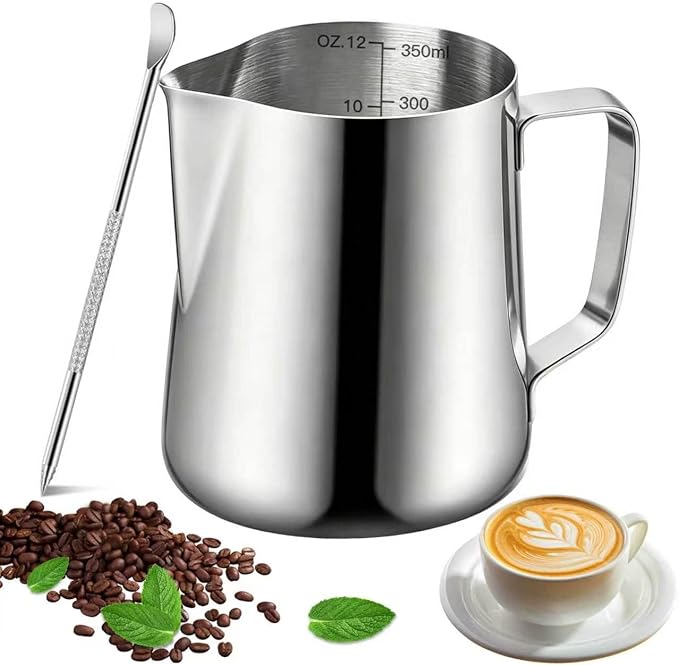 Milk Frothing Pitcher, 12oz Milk Frother Cup with Scale, 304 Stainless Steel Cappuccino Espresso Machine Accessories，for Barista Coffee Bar with Latte Art Pen