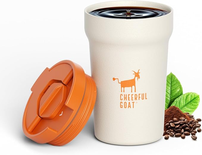 CHEERFUL GOAT Ceramic Lined Coffee Travel Mug – Stainless Steel Travel Coffee Tumbler with Ceramic Liner, with lid, 12oz Coffee Cup for Hot and Cold Water Coffee at Home, Office, or On the Go (white)