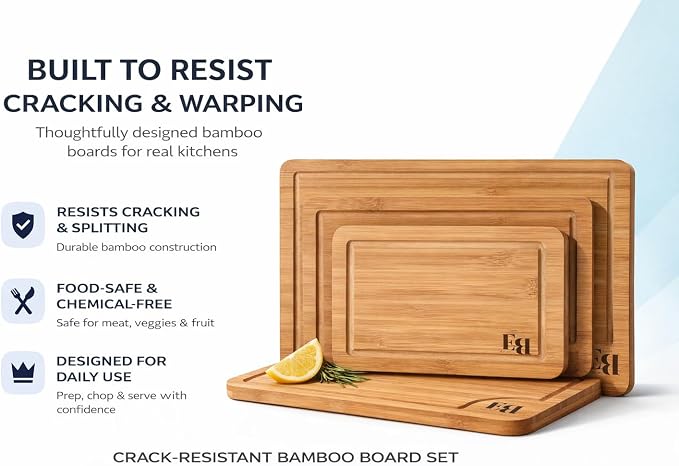 Bamboo Cutting Board Set of 3 (15"×10", 12"×8", 9"×6") – Crack Resistant Boards with Deep Juice Grooves, Handles & Care Guide – Butcher Block for Meat, Veggie & Charcuterie Board