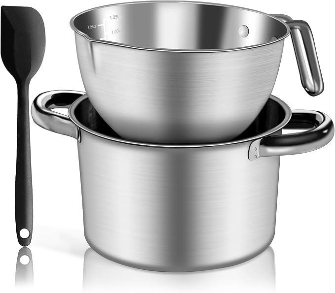 1.8QT Double Boiler Chocolate Melting Pot with 2.54QT Stainless Steel Pot | 304 food-grade steel, rust-proof. Melt chocolate, butter, candy, wax, soap. Stovetop safe, Dishwasher safe