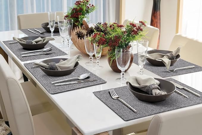 Faux Cotton Linen Placemats Set of 4, Cloth Washable Farmhouse Dining Table Mats for Indoors & Outdoors, Easy to Clean, Dark Grey, 13 x 19 Inch